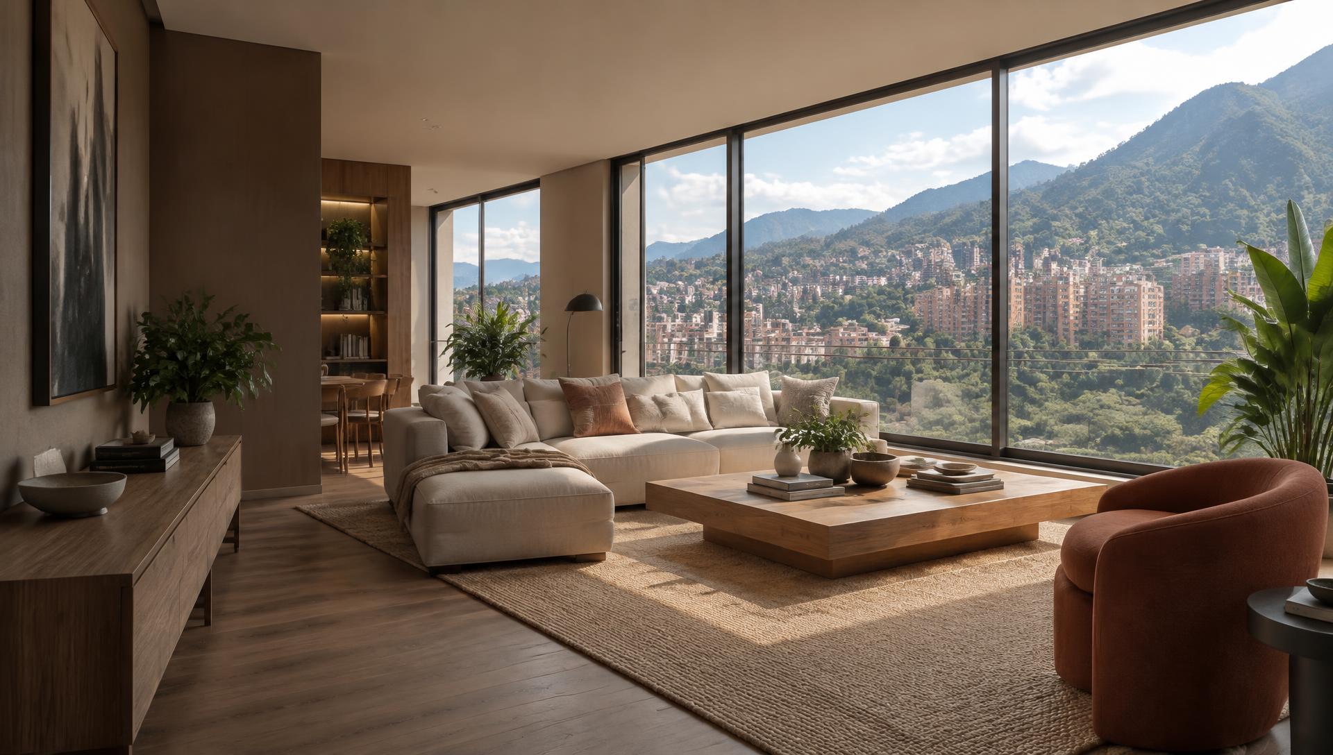 Apartamento luminoso con ventanales y vista a las montañas de Colombia